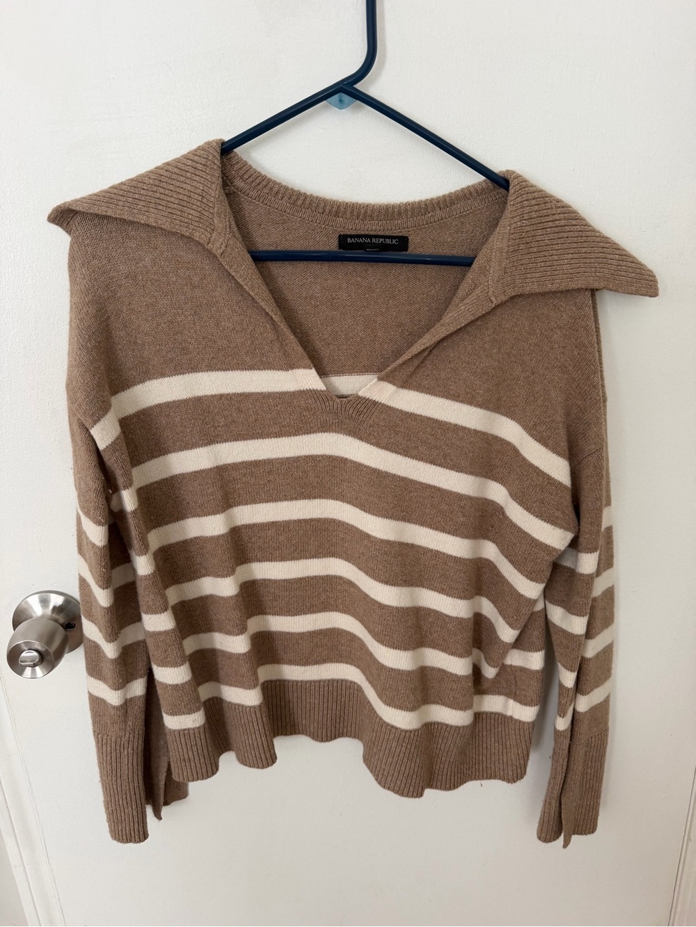 Banana Republic Tan & Cream Striped V-Neck Sweater with Fold Collar